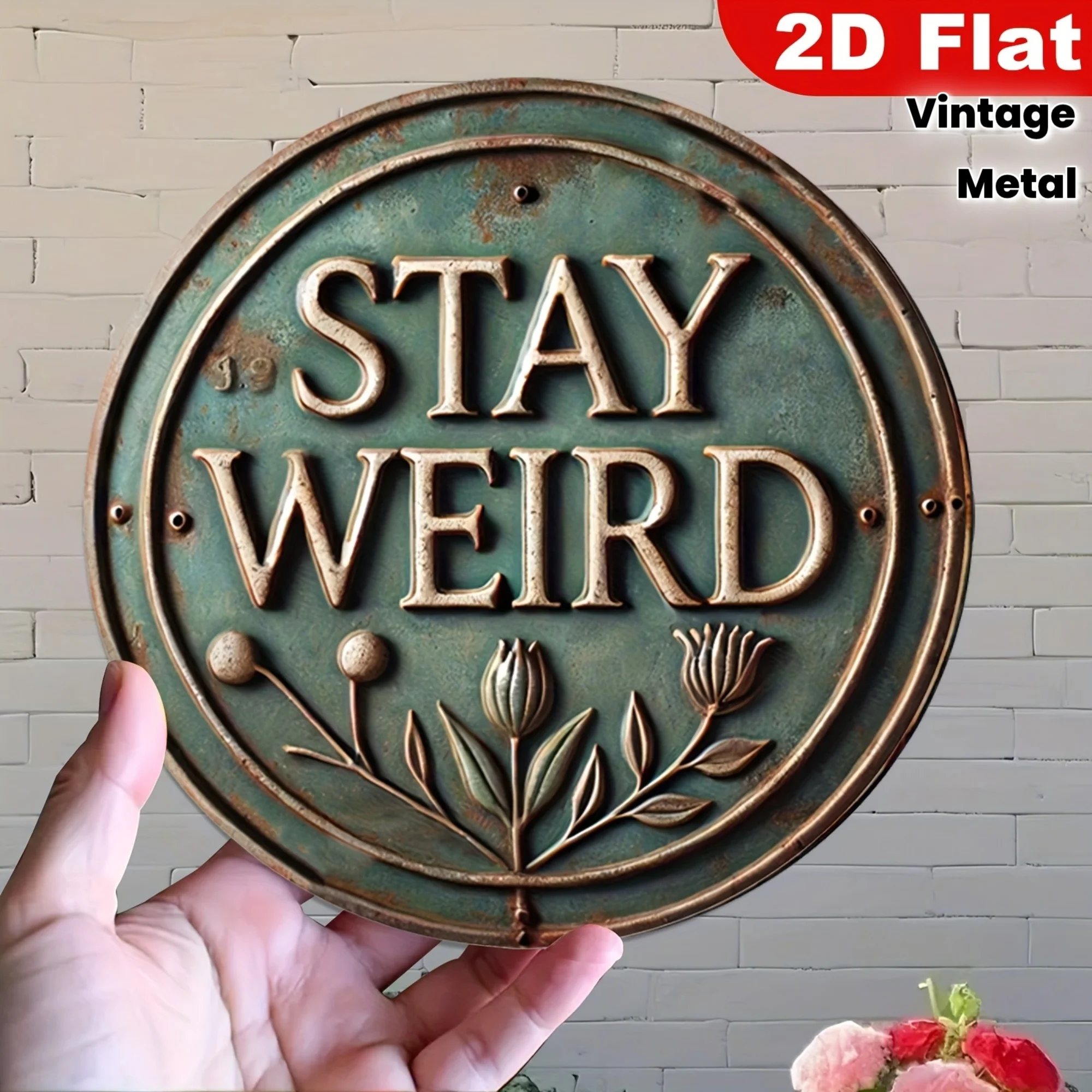 2D Flat, 1pc 2D Flat Vintage Individuality Metal Tin Sign for House Porch Decro, 'Stay Weired', Retro Round 8X8 Inch Aluminum Si