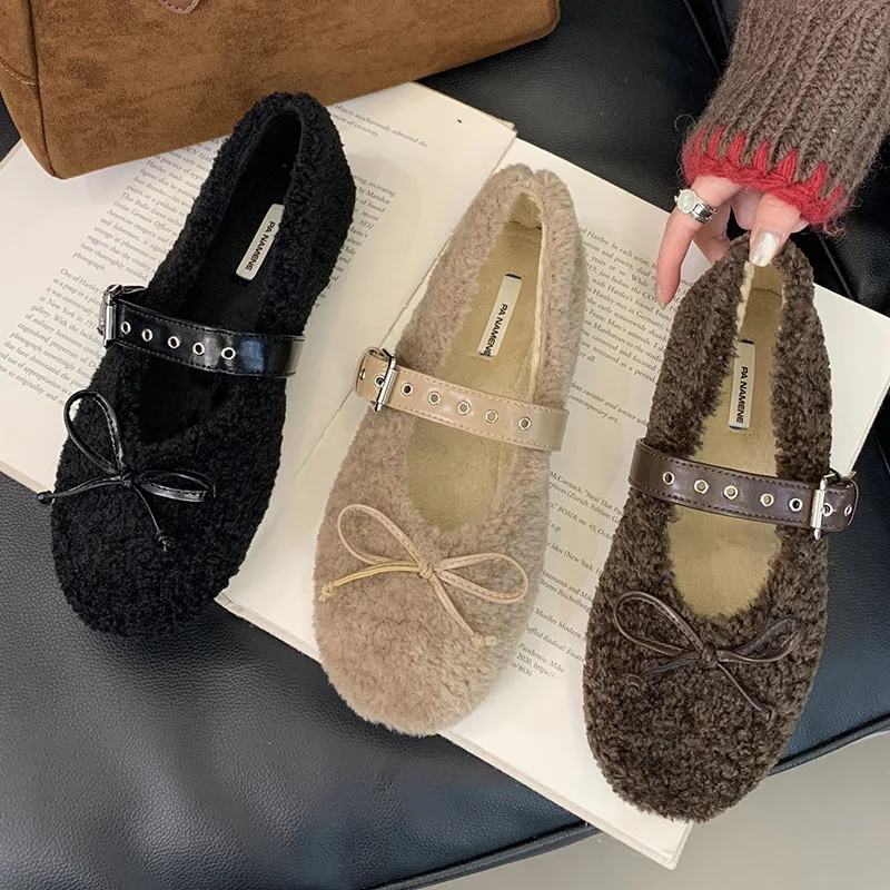 Female Shallow Butterfly-Knot Ladies Flats Mary Janes Warm Shoes Fashion Fur Footwear Buckle Strap Women Flats With Shoes