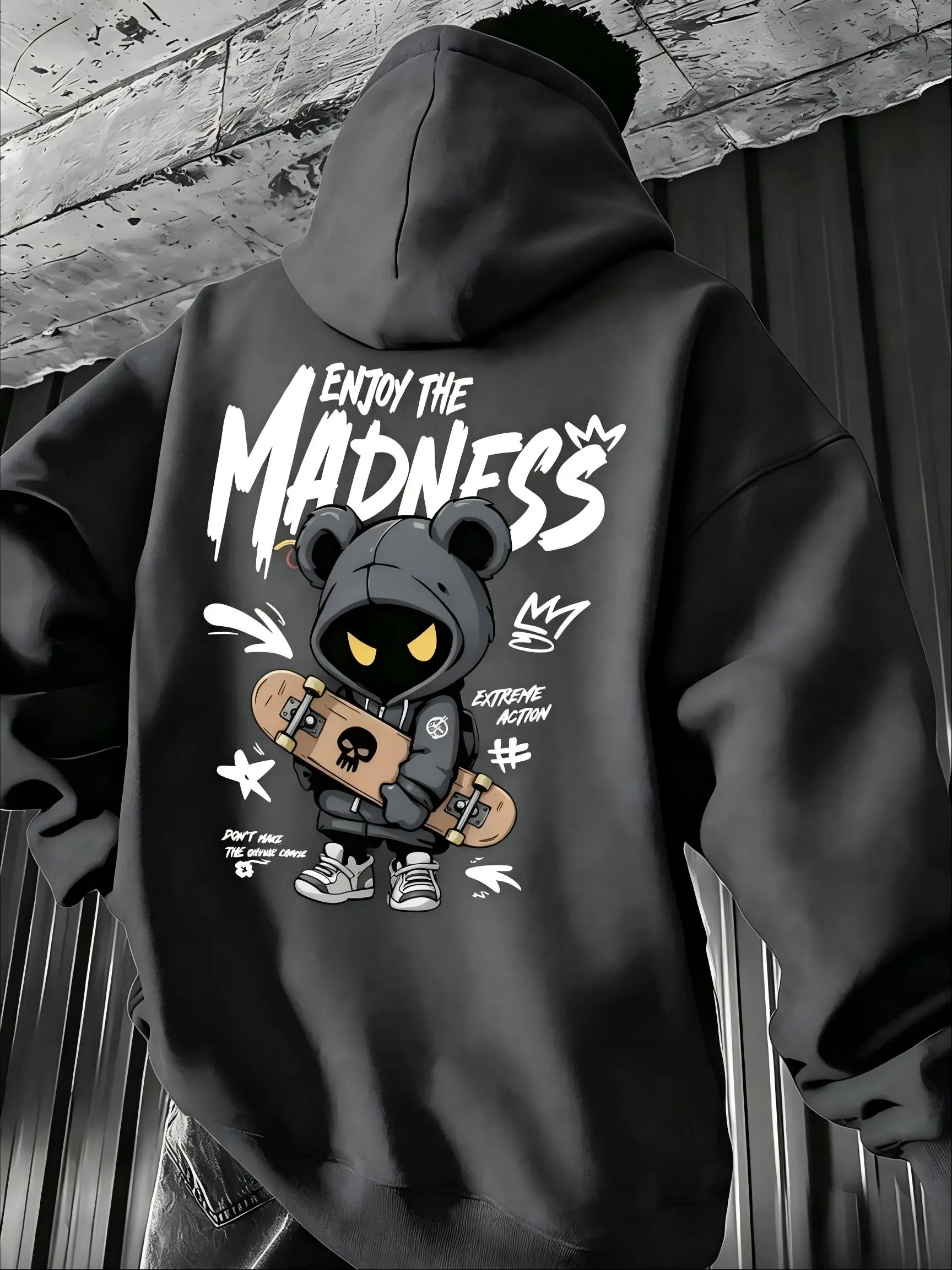 European and American men's autumn letter skateboard bear print micro elastic comfortable hooded sweatshirt outdoor street top