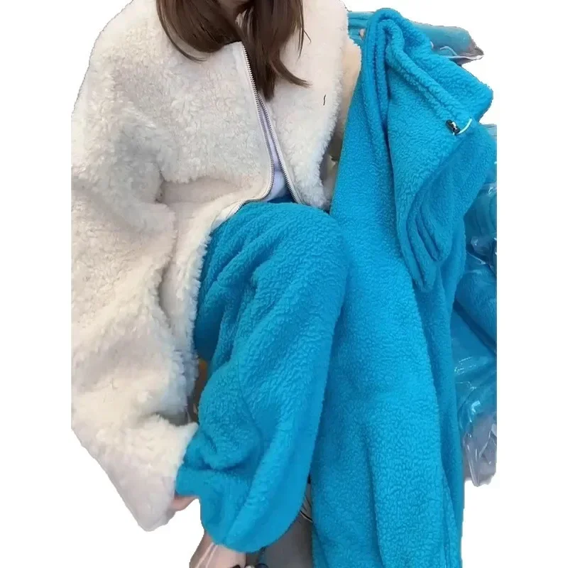 سراويل كاجوال قطيفة سميكة باللون الأزرق للنساء، ملابس خارجية مقاومة للرياح، سراويل دافئة ضيقة واسعة الساق #5