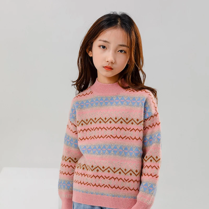 

Girls' retro patterned fashionable pullover sweaterboys' warm long sleeved 100% pure wool knitted sweaterround neck sweater