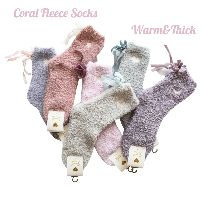 

Cute Cartoon Women's Thick Socks Girls Plush Coral Fleece Warm Winter Lounge Socks Sleep Home Embroidery Stocking
