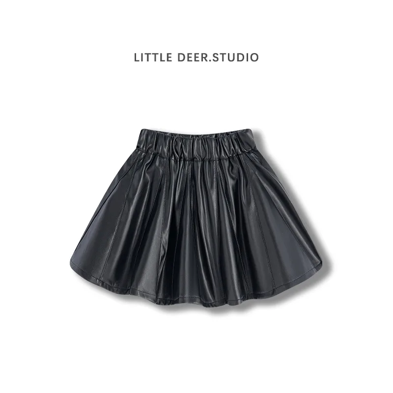 

Children Clothing Girls Skirt 2024 Spring New Fashionable Solid Color Pu Leather Skirt Baby Sweet Cool Casual Simple Skirt