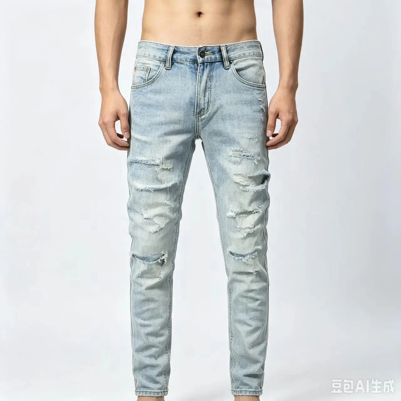 Men's Y2K Style Street Fashion Washed Light Blue Jeans High-Quality Retro Elastic Slim Fit Corrugated Retro Pants