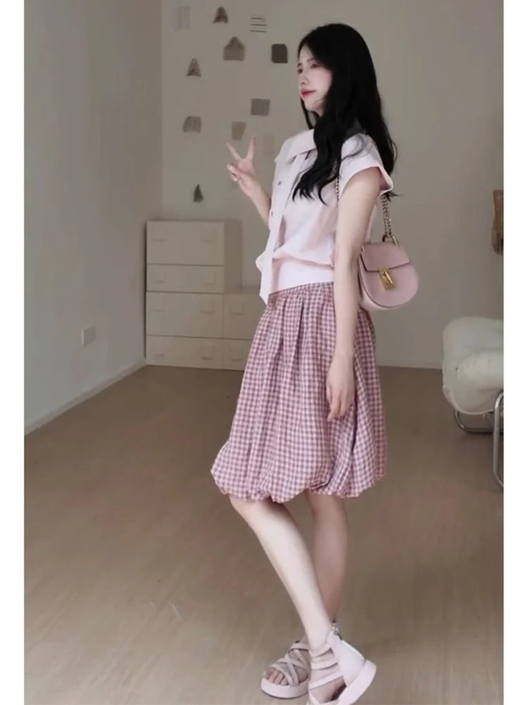 

Summer Dopaamine Girl Style Light Pink Sash Shirt High Waist Elastic Plaid Flower Bud Skirt Anti-Aging Two-Piece Set Women