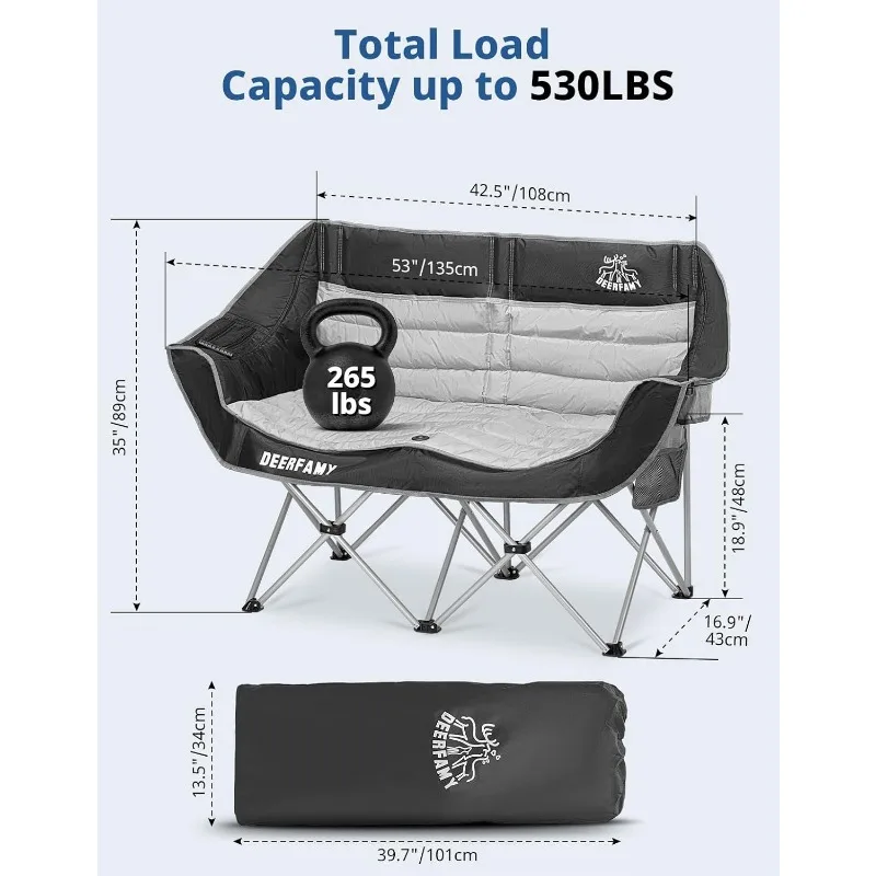 Double Camping Chair Portable Folding Outdoor Loveseat with Cup & Wine Glass Holder for Outdoor/Beach/Patio-Supports up to 530