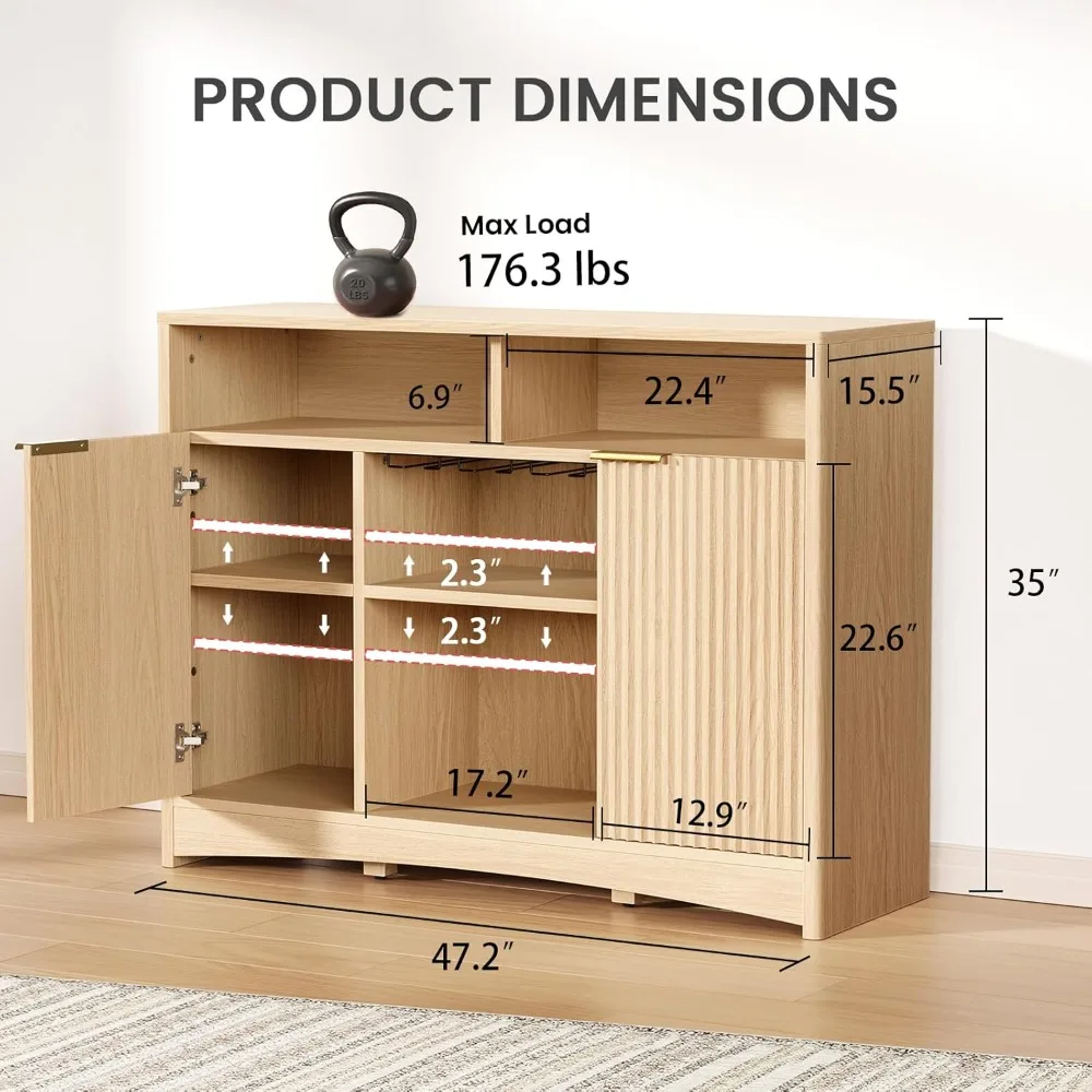 Mobile da bar con portabicchieri da vino, credenza a buffet da 47,2 pollici con ripiani regolabili, armadio portaoggetti per cucina,