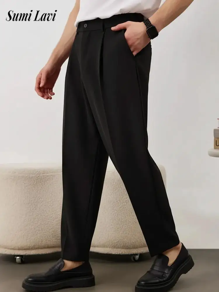 

Офисные мужские повседневные брюки, стильные плиссированные однотонные свободные прямые брюки, весенне-осенняя уличная одежда, мужские винтажные брюки