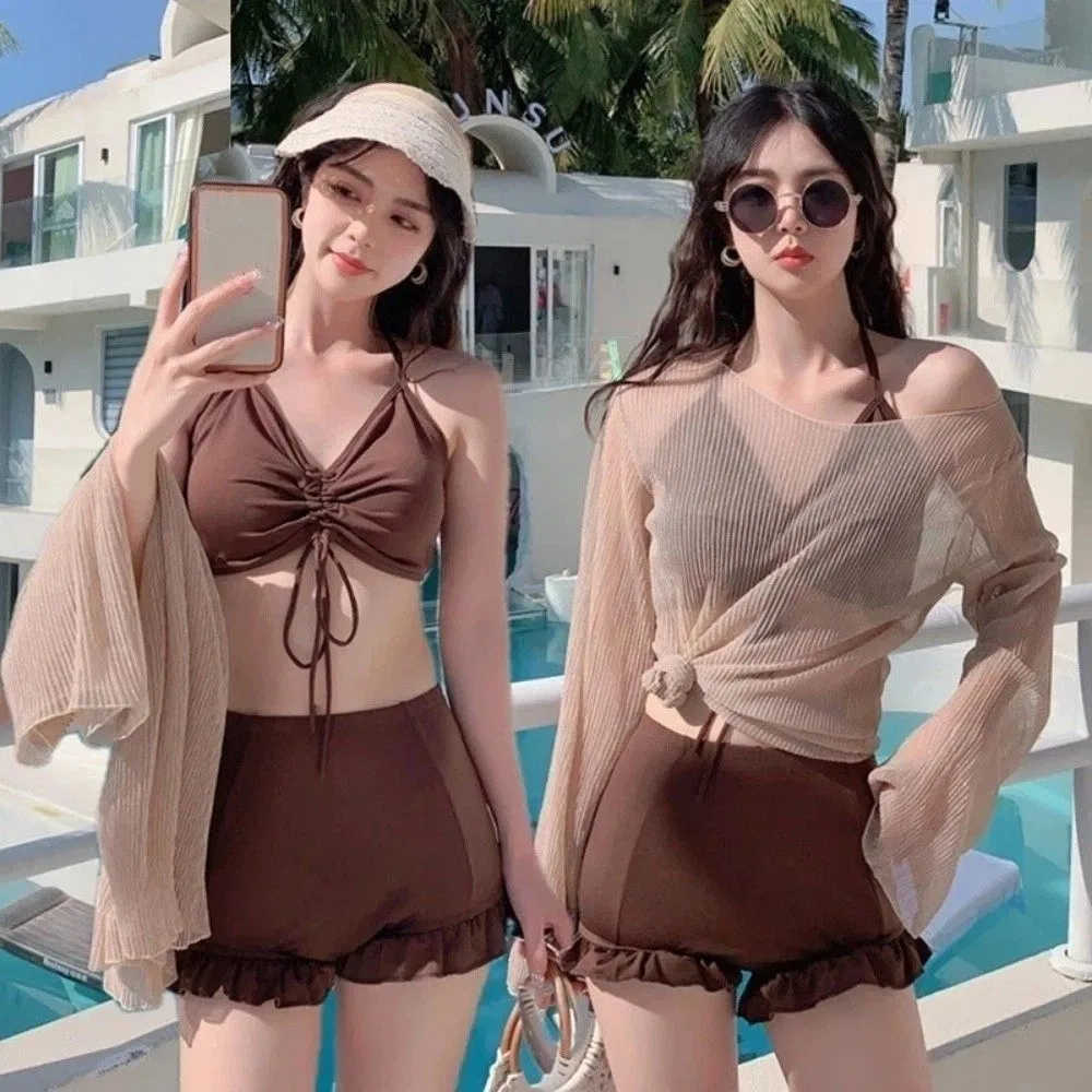 Beachwear Ruffles Bikini Set Transparent Pullover Slim Fit Swimming Suit Lace-up Sun Protection 3Pieces Set Swimwear Beach
