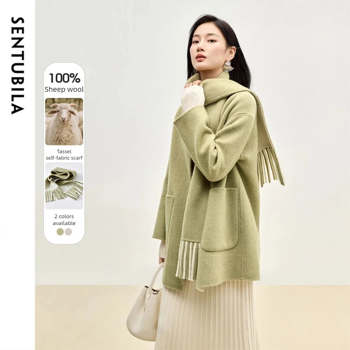 

SENTUBILA 100% Wool Double Sided Woolen Coat 2025 Winter U Patch Pocket Tassel Scarf Single Breasted Elegant Coats W44O55981