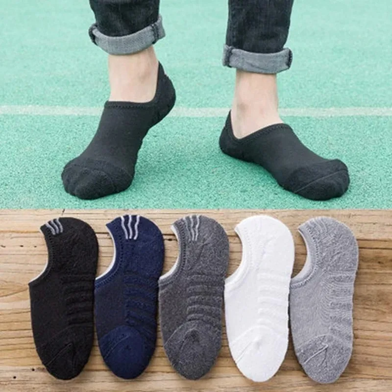 5 Pairs/Lot Men's High Quality Cotton Breathable Boat Socks Anti-Slip Silicone Grip Invisible for Sports Outdoor Durable Socks