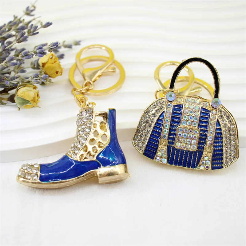 

3D Mini Shoes Keychain And Blue Shiny Bag Shape Design Key Ring