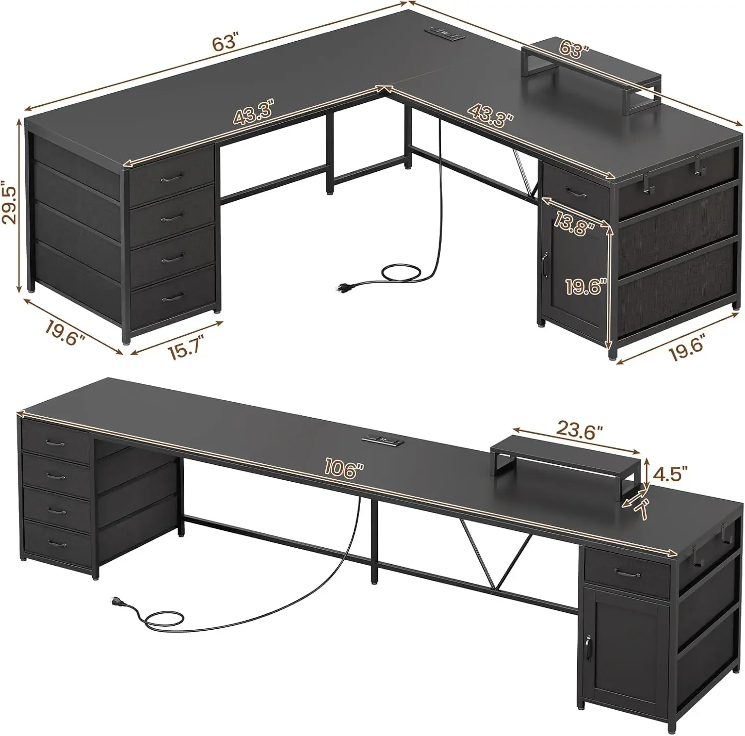 Power Outlet,Long Home Office Desk or Corner Desk, L Shaped Corner Desk with Monitor Shelf, Storage Cabinet, Black