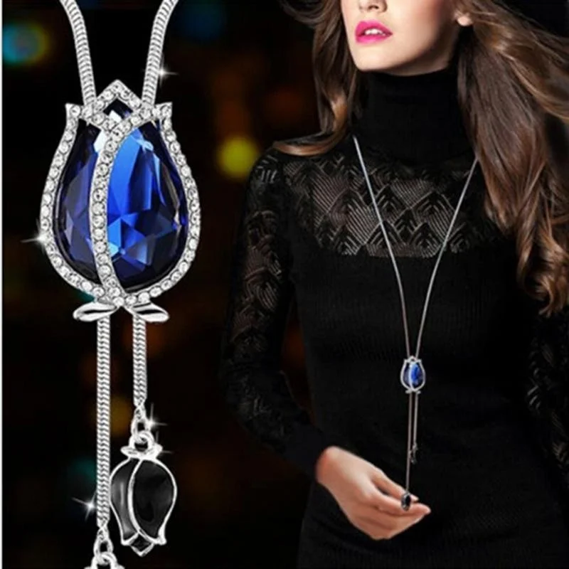 Korean Fashion Charm Blue Crystal Zircon Necklace for Women Bridal Wedding Crystal Pendant Necklace Jewelry Collares Para Mujer