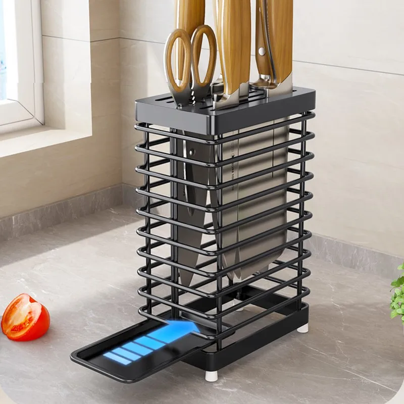 Universal Knife Organizer Stainless Steel Kitchen Drainage Vegetable Knife Holder Storage Rack With Detachable Drain Tray