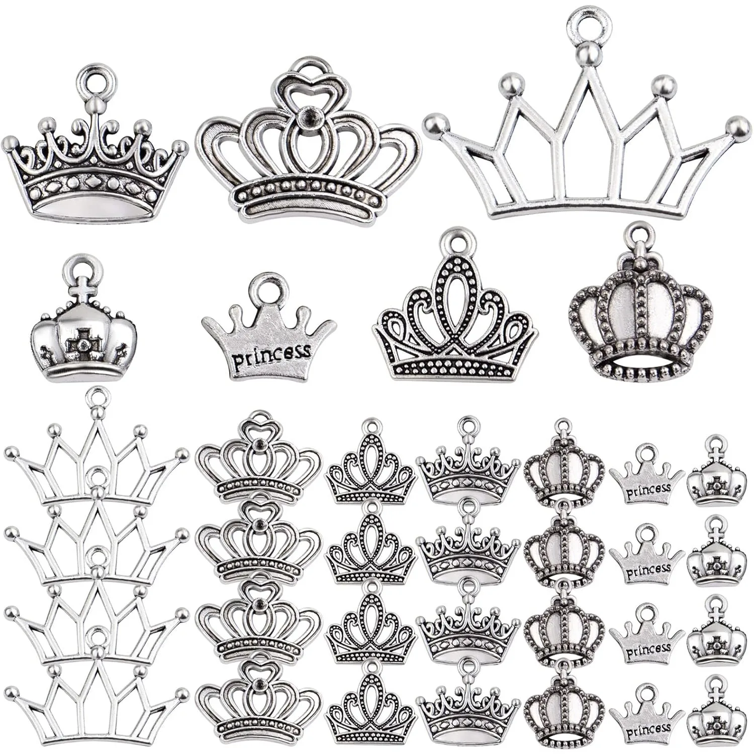 

70 шт., серебряные смешанные подвески в виде короны, тибетский сплав, король, королева, принцесса, подвески в виде короны для изготовления браслетов «сделай сам», ювелирных изделий