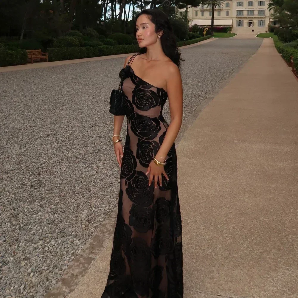 Suninheart Evening Dresses Women Elegant 2024 One Shoulder Sexy Mesh Dress Maxi Flower Wedding Guest Party Dresses Bodycon