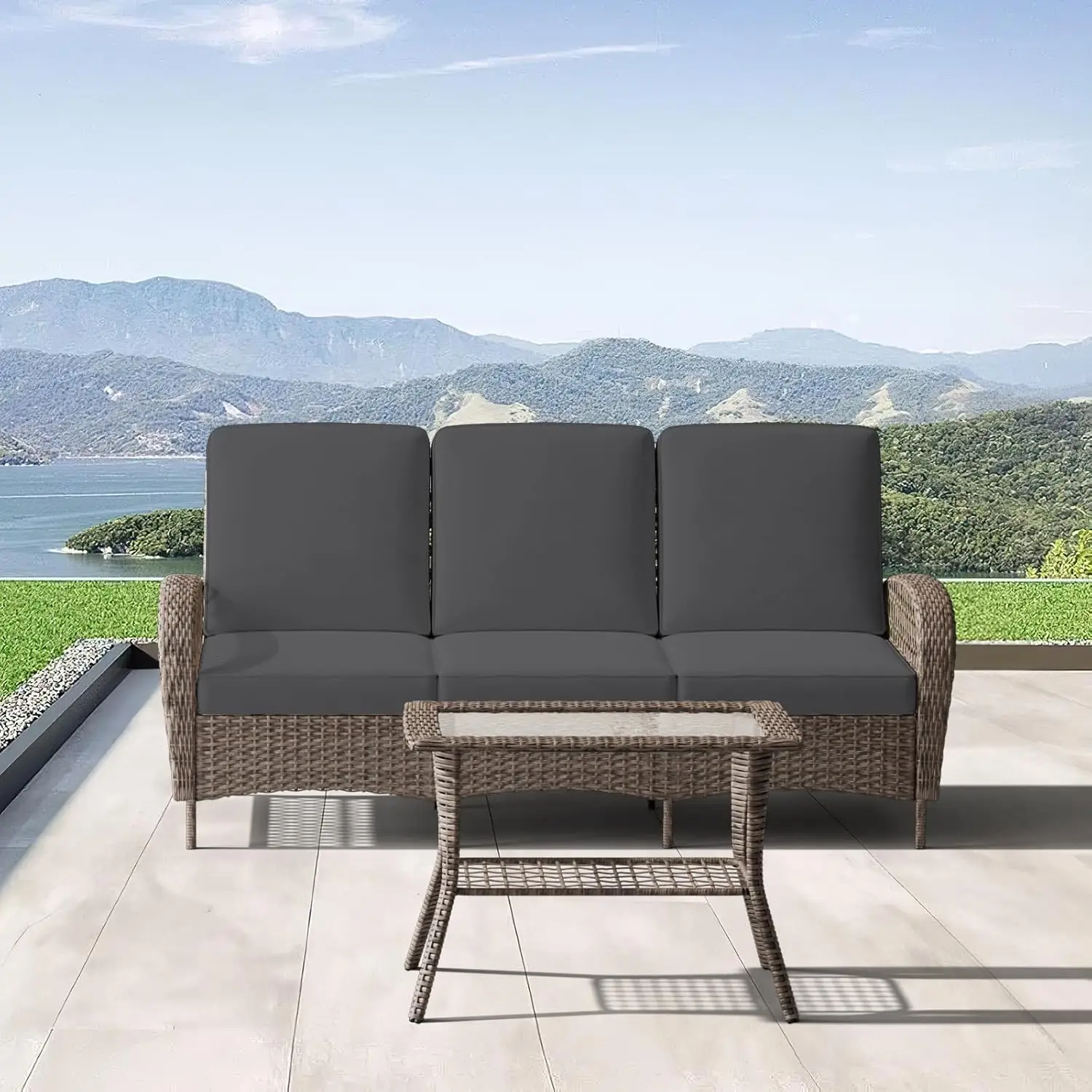 2 Pieces Outdoor Patio Furniture Set - Outdoor Couch Wicker Patio Sofa with Table, Grey