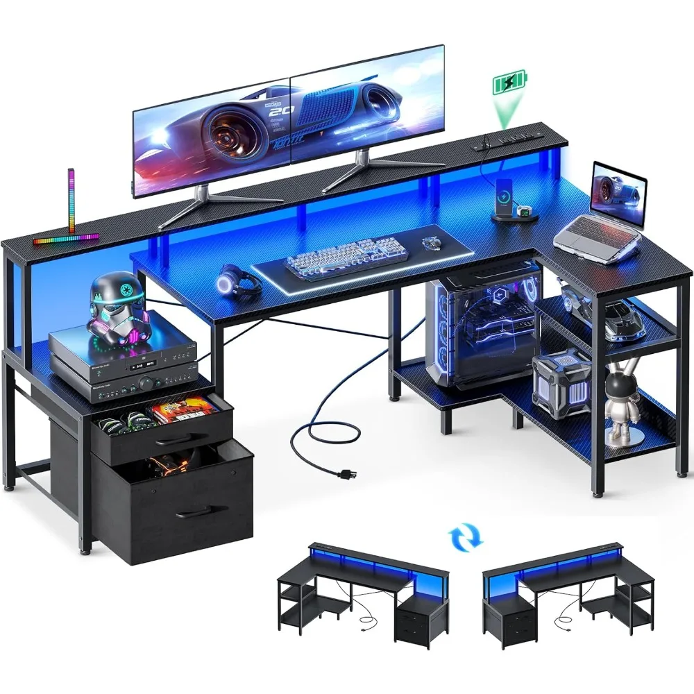 71 Inch L Shaped Gaming Computer Desk with USB Charging Ports & Power Outlets, Home Office Writing Corner Desk with Drawers