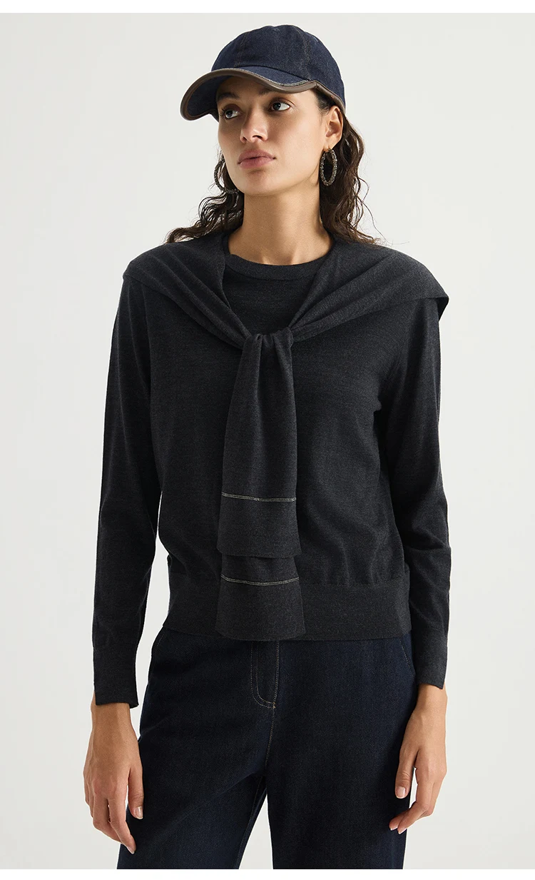 BY3621740 Damen-Pullover mit Rundhalsausschnitt, 100% Wolle, Feinstrick, Langarm, Manschettenschlitz, Kettenabzeichen, entspannte Passform, Bürokleidung, Frühherbst – Detail 8