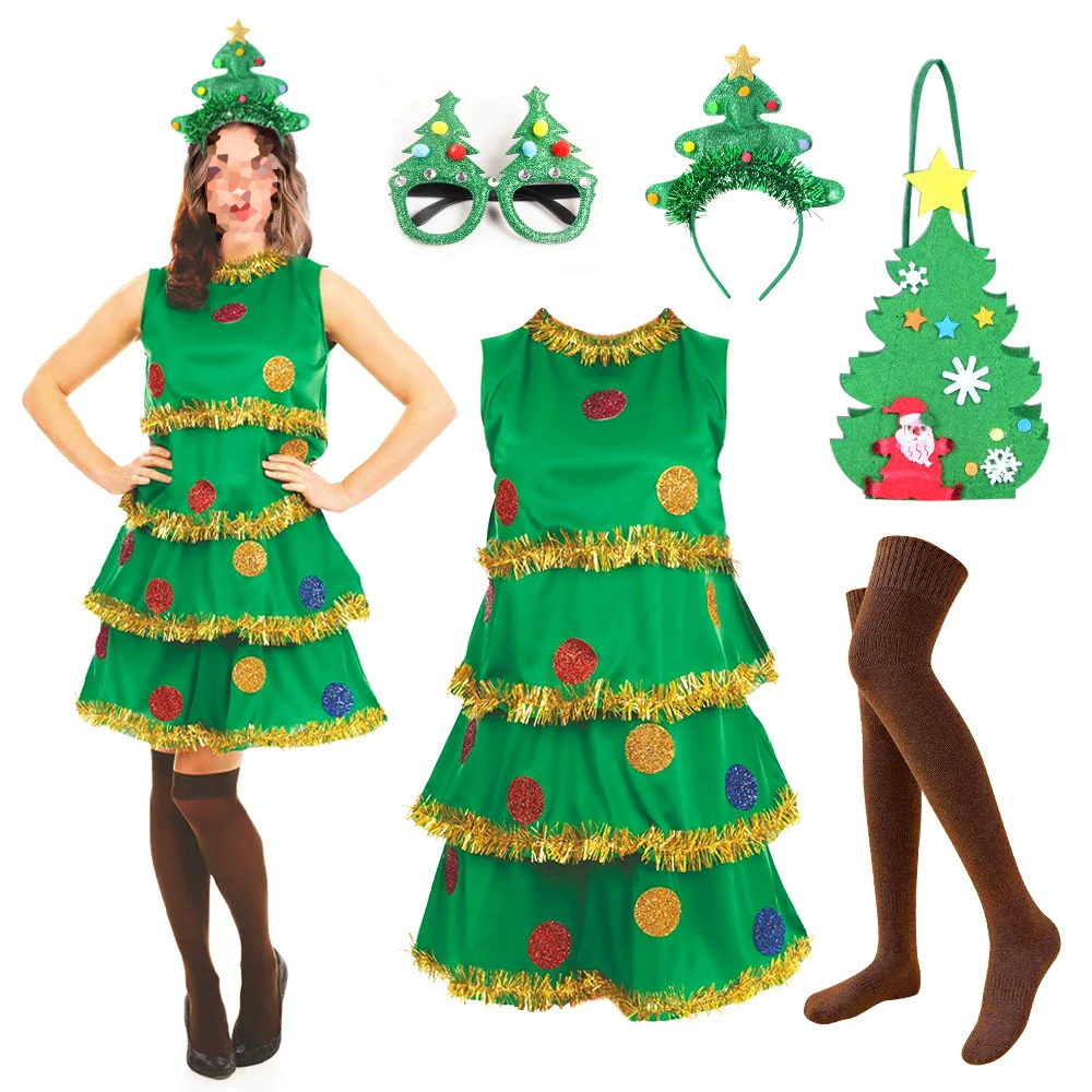 

Adult Women Christmas Tree Cosplay Costume Headgear Outfit Green Pleated Sleeveless Dress Headband Socks for Christmas Party