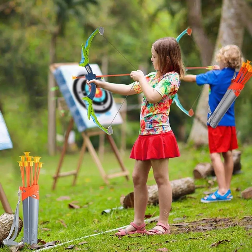 

2 Bow LED Light Up Archery Set for kids with 20 Suction Cup Arrows 2 Targets 3 Cans 2 Quivers Outdoor Toy Gift
