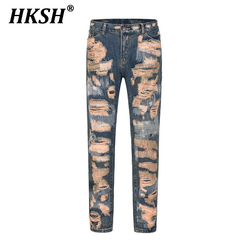 HKSH Men Tide Vintage Chic Denim Pants High Street Ins Needle Patch Hole Embroidered Straight Slim Legged Jeans Holes New HK3843