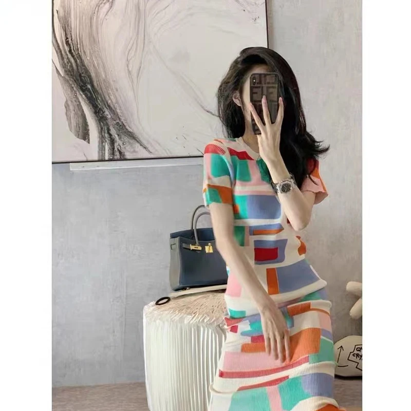 Woman Dress Fashion Colorblock Long Dress Rainbow Check Knit Maxi Dresses for Women