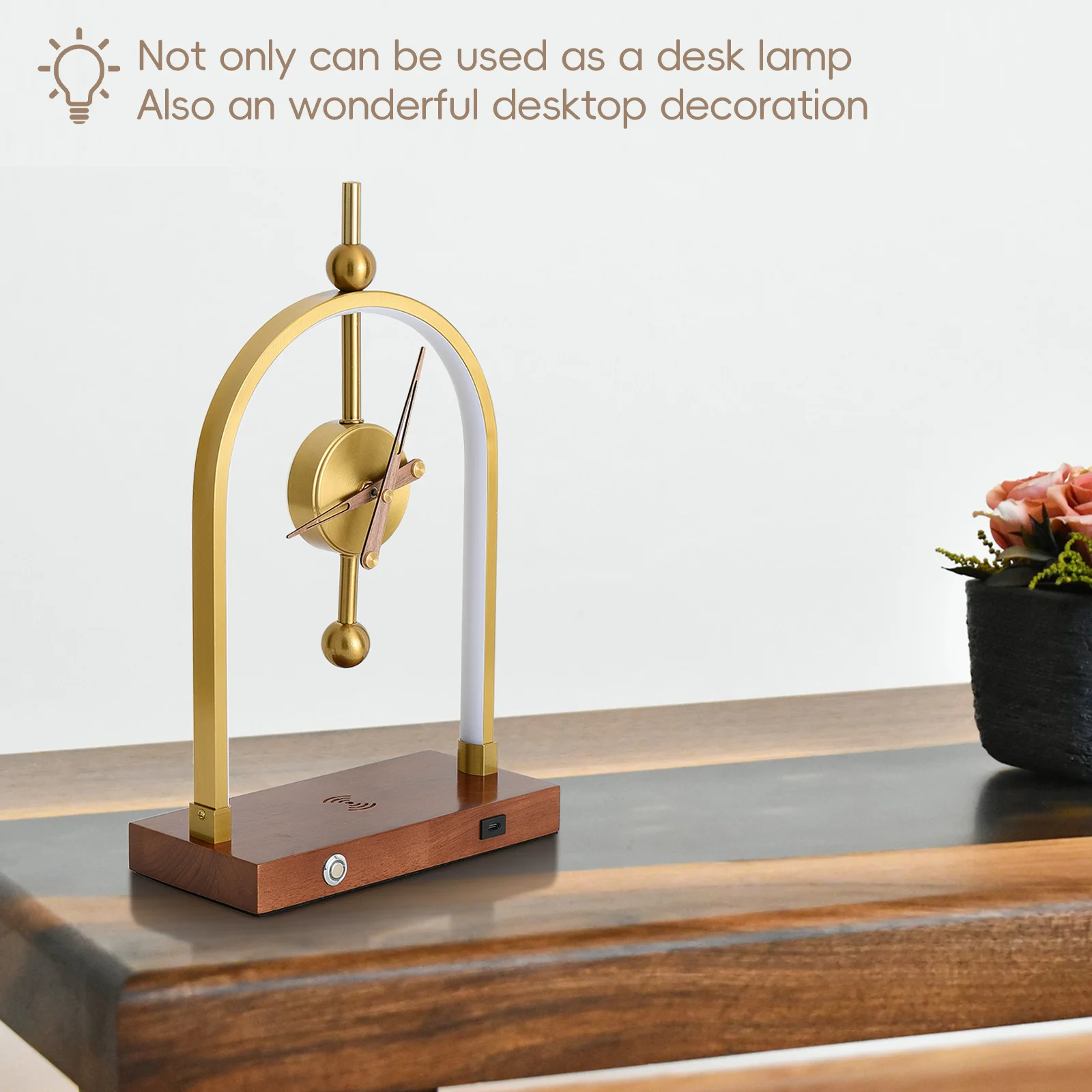 Gouden Klok Bureaulamp Hout Vintage Tribune Nachtlampje Kids Studeerkamer Woonkamer Inrichting Home Sfeer Led Tafellamp