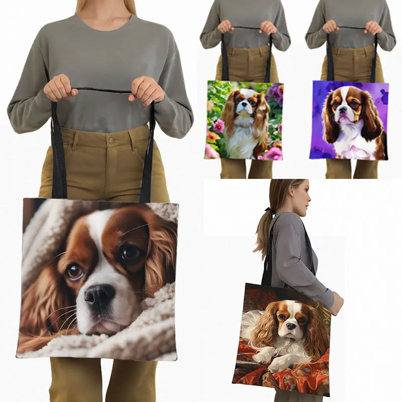 Cute Cavalier King Charles Spaniel Dog Shopping Bag Kawii Spaniel Puppy Tote Bag Bookbag Handbag Large Capacity Shoulder Bag