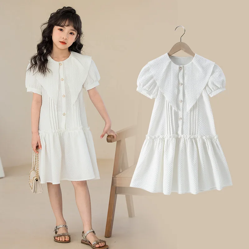 

Korean Summer Children Girl One-piece Dress Junior Girl Pearl Button Dress School Girl Princess Dress Elegant Dress For Girl