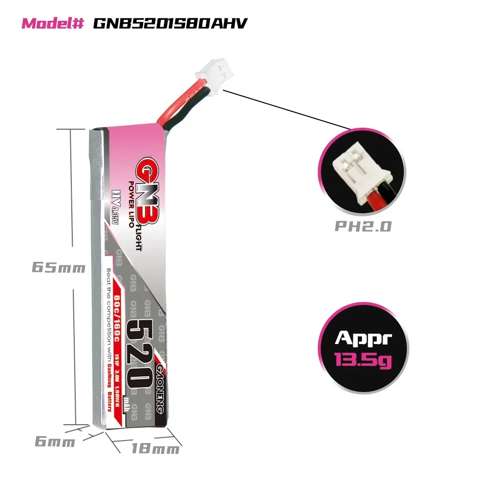 Gaoneng-Batterie Lipo avec prise PH2.0, Pièces de importateur RC, Tinyhawk, Kingkong, Sat Hull, GNB 1S, 3.8V, 520mAh, 80C, 160C, HV, 4.35V