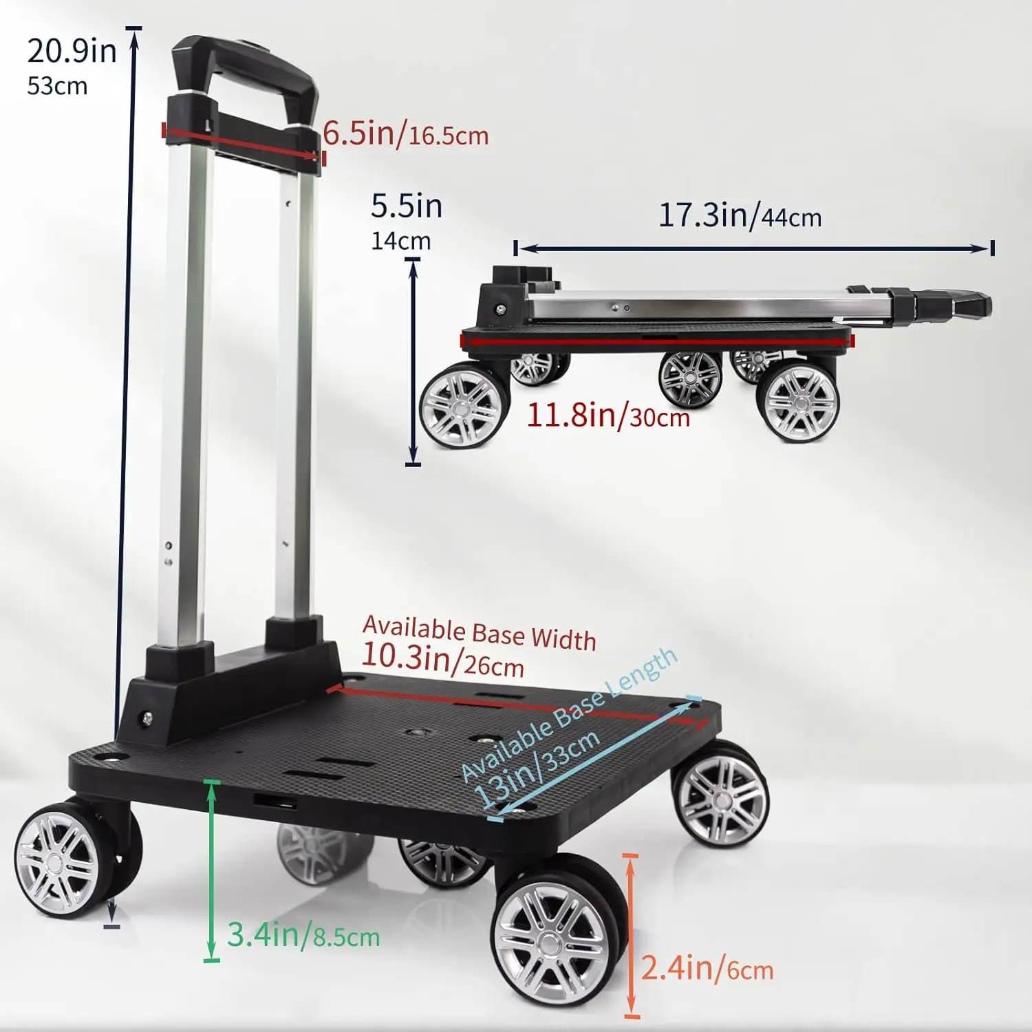 Foldable Backpack Trolley with 5 Swivel Wheels and Large Base,Luggage Cart with Luggage Strap