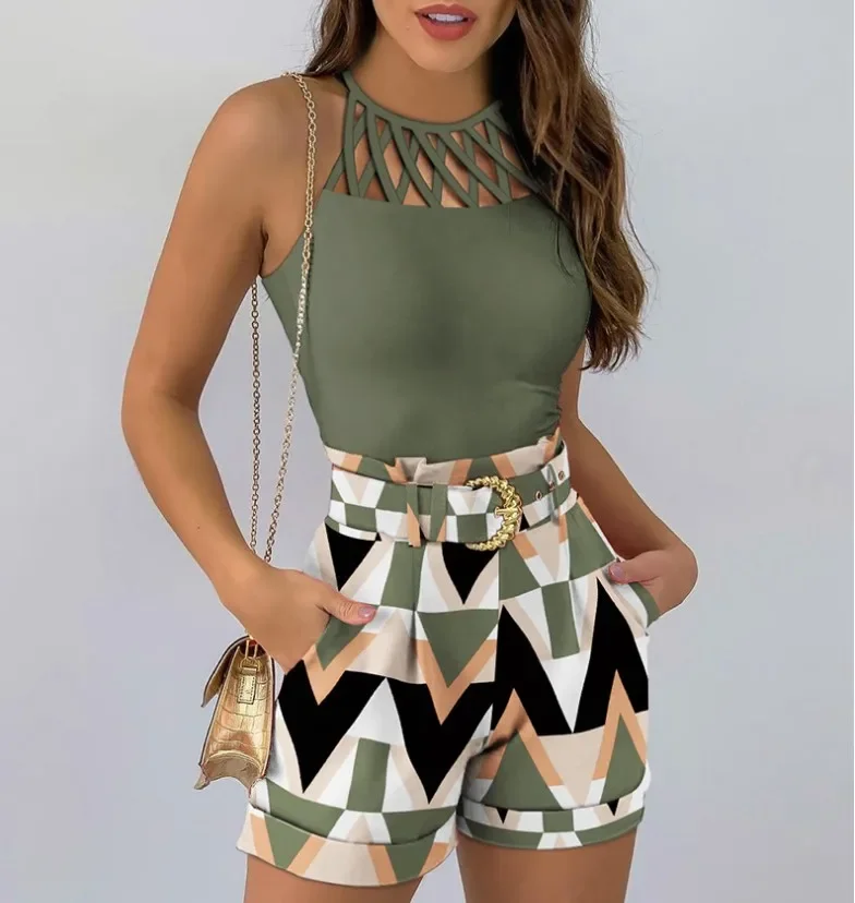 Sexy Off Shoulder Sleeveless Tshirt Shorts Office Lady Hollow Out Solid Tops Floral Print Shorts Two Piece Set Women Outfit 2024