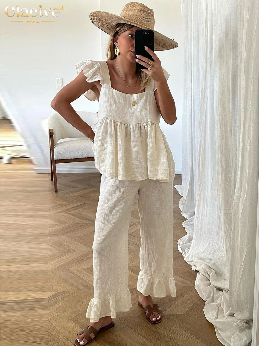 

Clacive Summer Loose Beige Cotton Trousers Set 2 Piece Woman 2025 Fashion Sleeveless Tank Top With High Waist Wide Pants Set