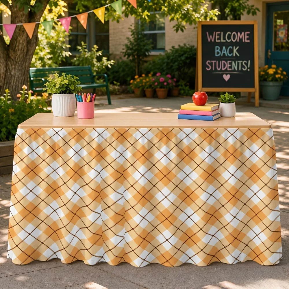 Simple style single-piece orange checkered printed table skirt, suitable for party events, kitchen and restaurant decoration