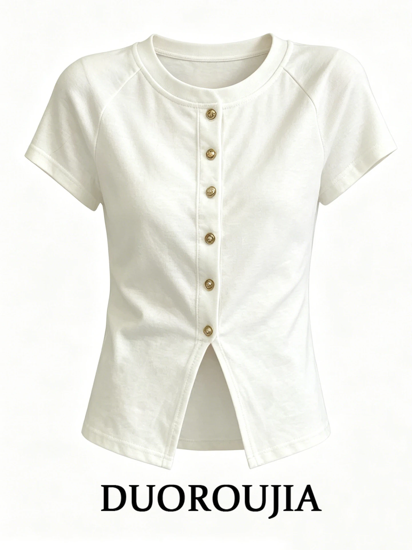 

Fashionable Korean Style Short Sleeve T-Shirt Women's Slim Fit Button Decorated Casual Summer Top plus Size Slimming Effect