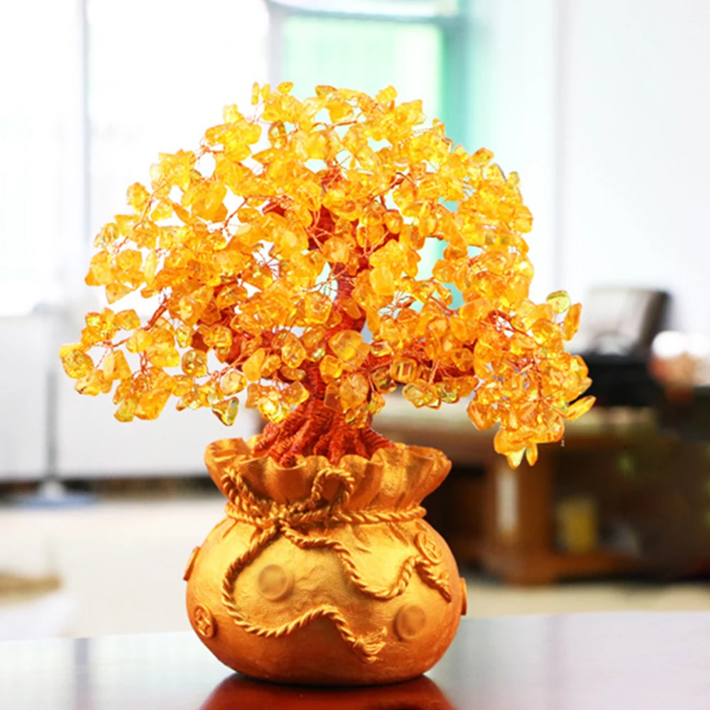 1PC Golden Desktop Ornament, Natural Crystal Wealth Tree, Money Bag Tree, Shaking Money Tree, Craft Gift Ornament, Christmas Dec