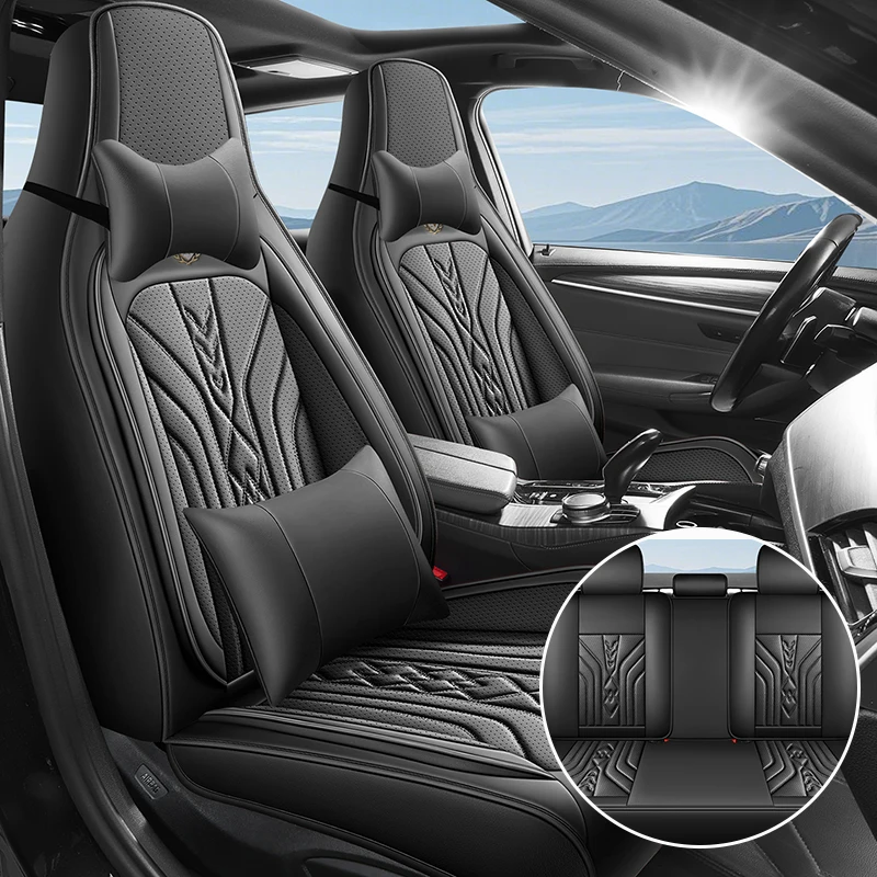 (Luxury Edition) Five-Seater Car Seat Covers with 2 Comfortable Headrests and 2 Soft Lumbar Supports, Luxurious Nappa Leather Full-Cover Integrated Headrest Car Seat Covers, Universal, Comfortable, Breathable, and Wear-Resistant, Suitable for All Seasons, Three-Dimensional Design That Fits the Seats Well, Minimalist and Luxurious Style, Five-Seater Color Options Available, Suitable for Sedans, Suvs, Pickup Trucks, and Other Various Models