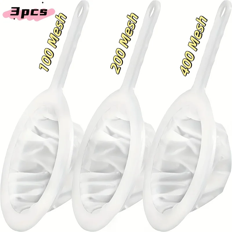 3pcs Nylon Mesh Strainers Featuring Plastic Handles, Suitable for Filtering Soy Milk Coffee, Yogurt Kitchen Filters Non-Electric