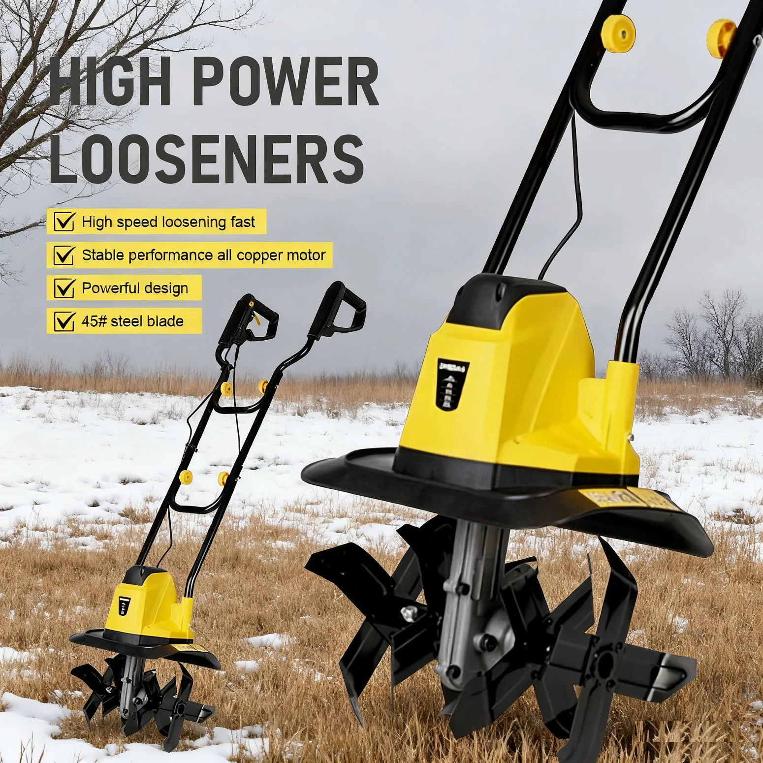 Electric Garden Tiller All Copper Motor Rotary Cultivator 45# Steel Blade Soil Loosener For Farm Lawn Weeding Plowing Tool
