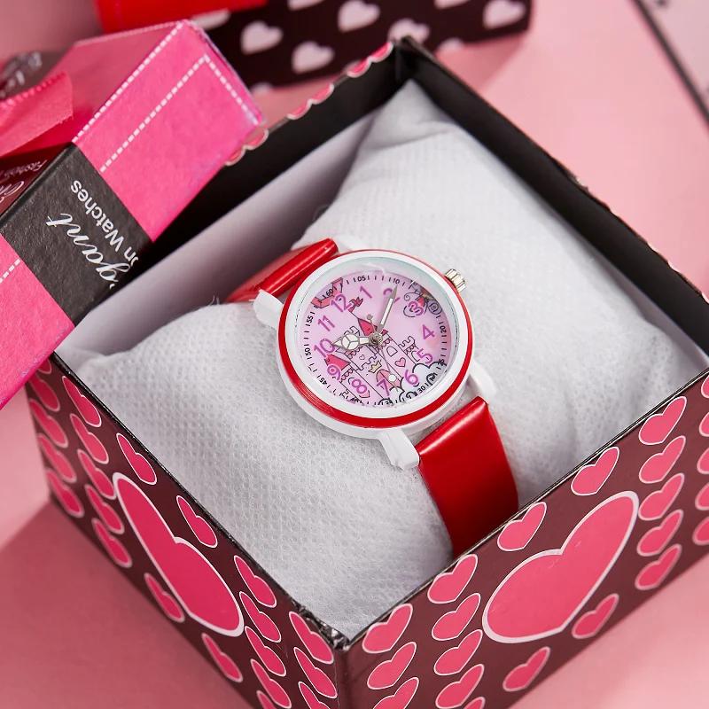 Princess children girls Castle leather waterproof quartz wristwatches students little kids babies pink birthday gifts watches