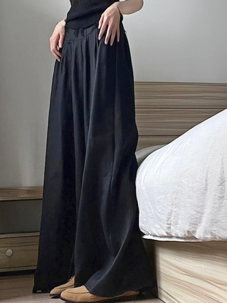 Elegant Casual Wide Leg Pants Women Black Ruffled Korean Fashion Baggy Pants Female High Waist Vintage Designer Pants 2023 New