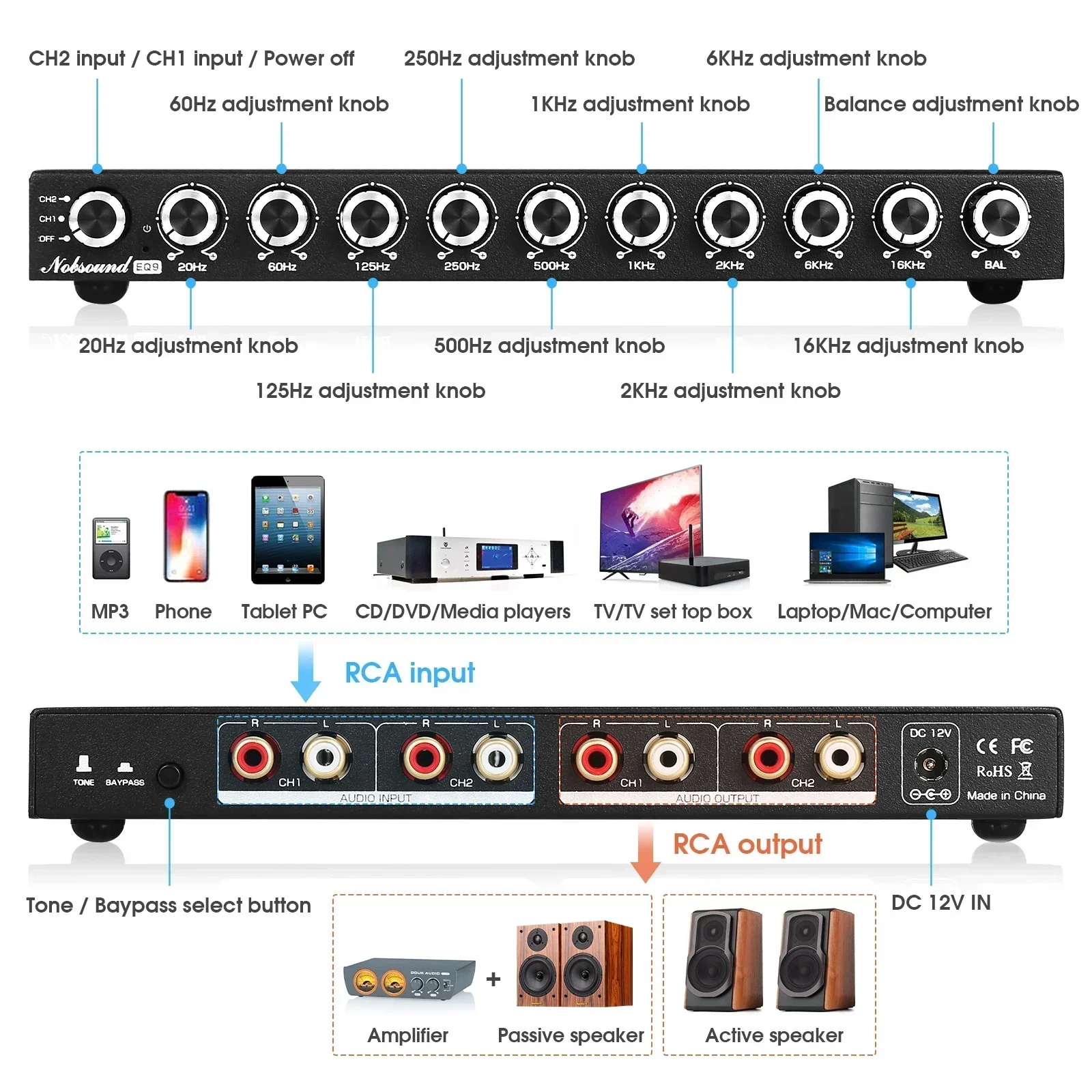 Douk Audio HiFi EQ9 9 bandas estéreo EQ pré-amplificador analógico pré-amplificador equalizador processador de áudio para casa/carro