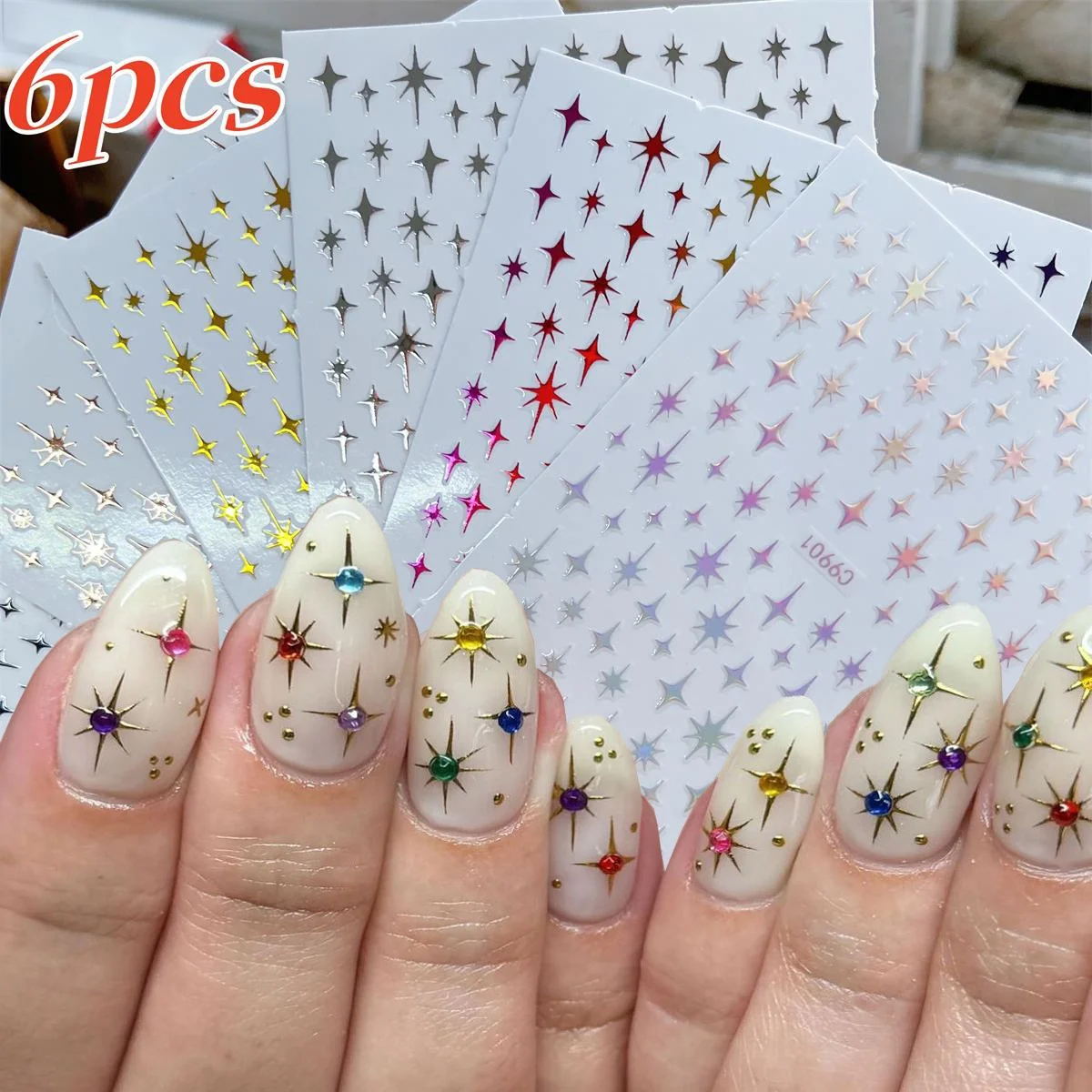 6pcs/Set 3D Aurora Gold Sliver Stars Nail Stickers Bronzing Laser Cross Starlight Glossychic Stylish Y2K Adhesive Manicure Decor