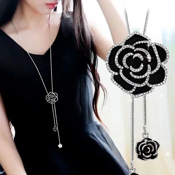 Crystal Moon Flower Long Necklaces for Women Jewelry 2024 Fashion Tassel Silver Color Necklaces & Pendants Sweater Chain Collier