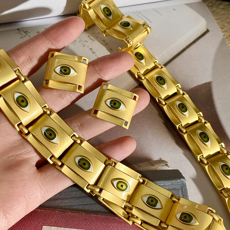 Orecchini a forma di occhio del diavolo quadrato Color oro opaco girocollo per gioielli in metallo Vintage con catena da collo per ragazze da donna