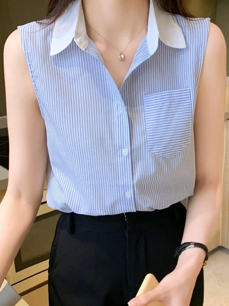 Chiffon Sleeveless Women\'s Blouse Casual Summer Comfortable Breathable Fashion Patchwork Turndown Collar Buttons Striped Shirt