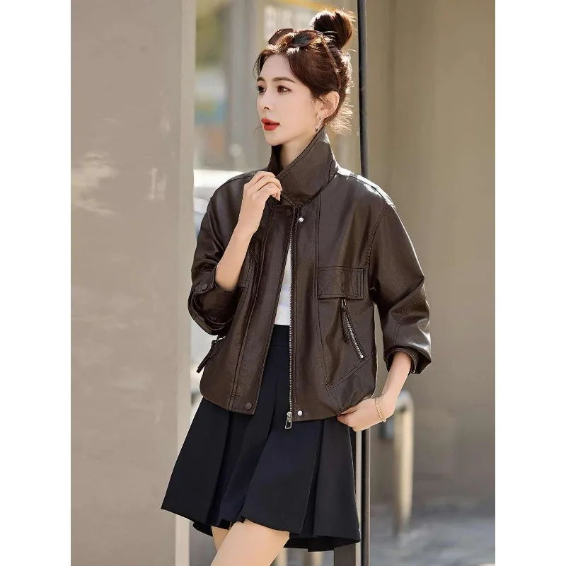 Spring Autumn New Collection Fashion Elegant Short Leather Jackets Women Vogue Versatile Casual Jackets Made of PU Leather Vogue