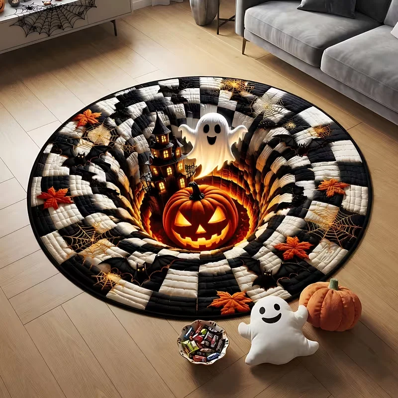 Halloween Mummy Vortex 3D Optical Illusion Round Rug, Bright Color Swirl Star Bat Spiral Hole Print, Decorative Area Carpet